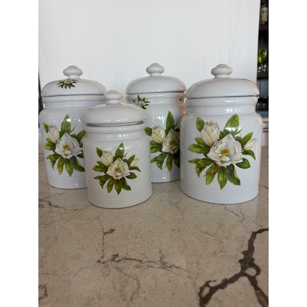 Vintage White Magnolia Ceramic Canister Set 4 Piece Floral Kitchen Storage Jars